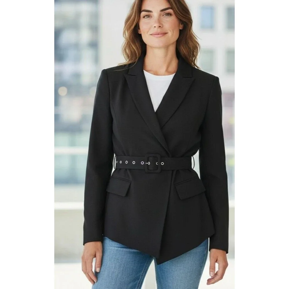 DESIGNER TAHARI ASL NAVY BLUE BELTED LONG SLEEVE BLAZER SIZE 14.R - Picture 7 of 16